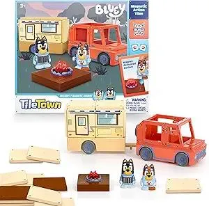 Tile Town Bluey Heeler Camper Magnetic Tile Set with Bluey and Bandit Figures, Magnetic Building Set, Interactive Construction Toy, Safe and Creative Magnet Tiles, Buildable Tile Sets for Kids 3+
