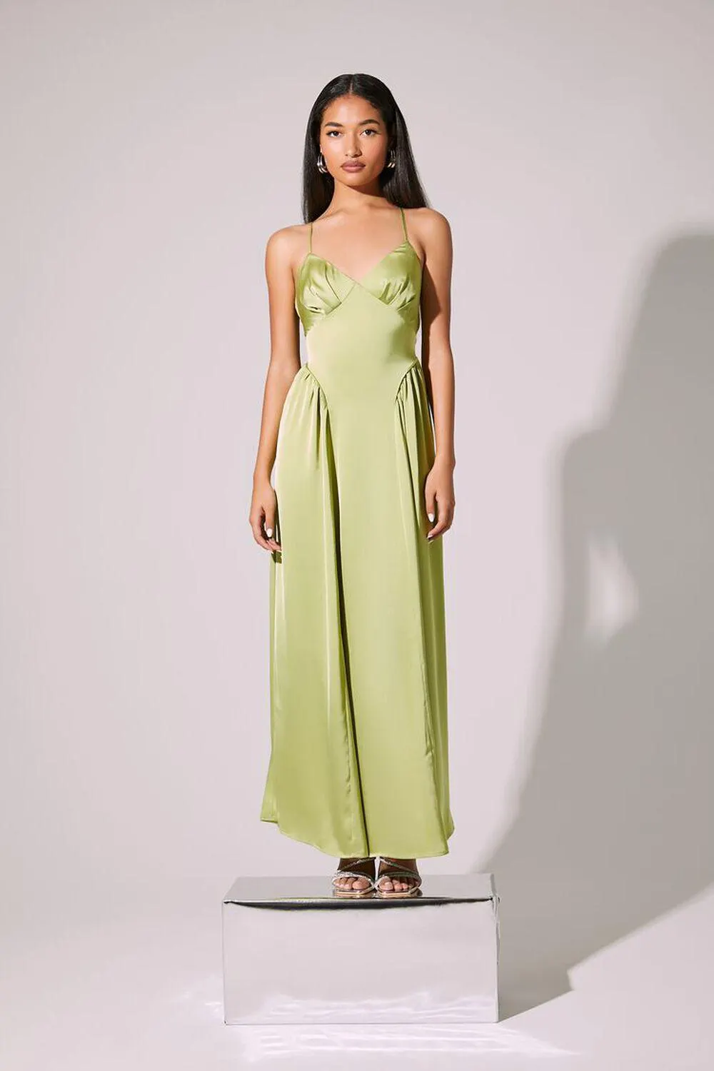 Satin Lace-Up Maxi Dress