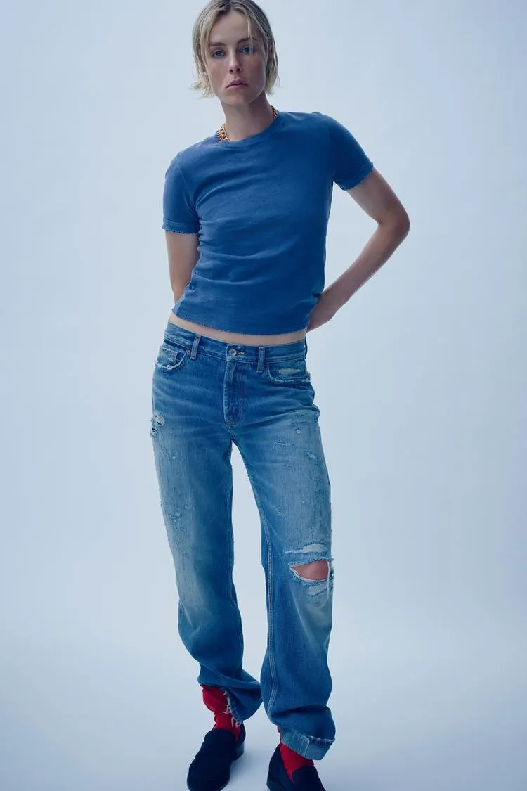 TRF MID-RISE RIPPED STRAIGHT LEG JEANS