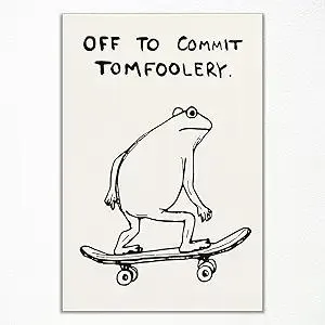 Xianyojafa Frog Poster, Funny Quote Off To Commit Tomfoolery Canvas Wall Art, Funky Skateboard Frog Print, Quirk Animal Picture for Kids Room, Beige and Black Minimalist Painting 8x12in Unframed