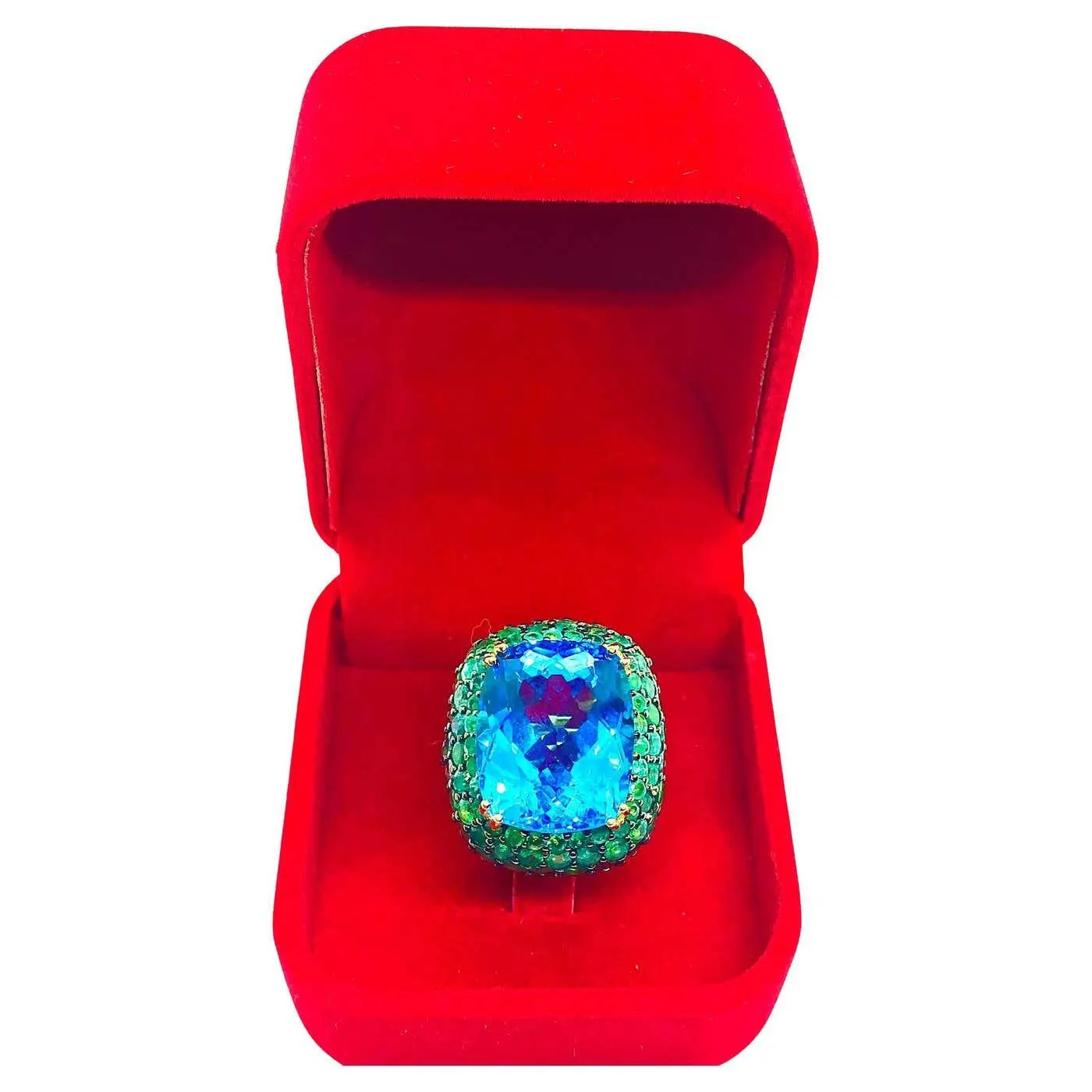 Bochic “Orient” Vintage London Blue Topaz & Emerald Ring Set In 18 K Gold & Silv