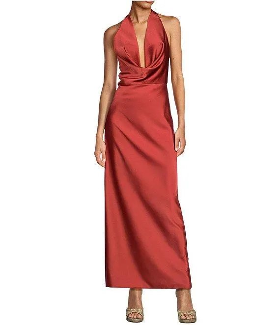 Tasha Halter Cowl Neck Satin Slip Maxi Dress
