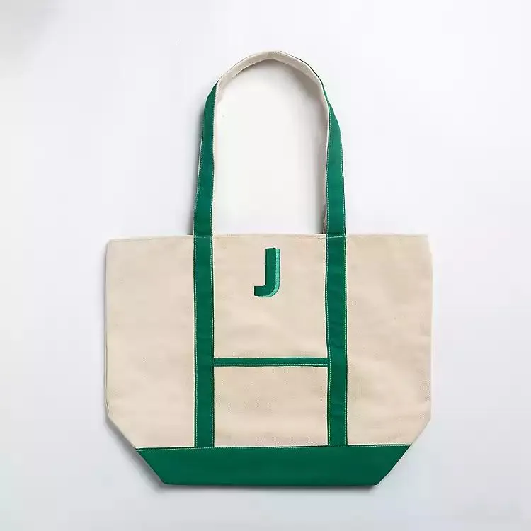 Green Embroidered Monogram J Boat Tote