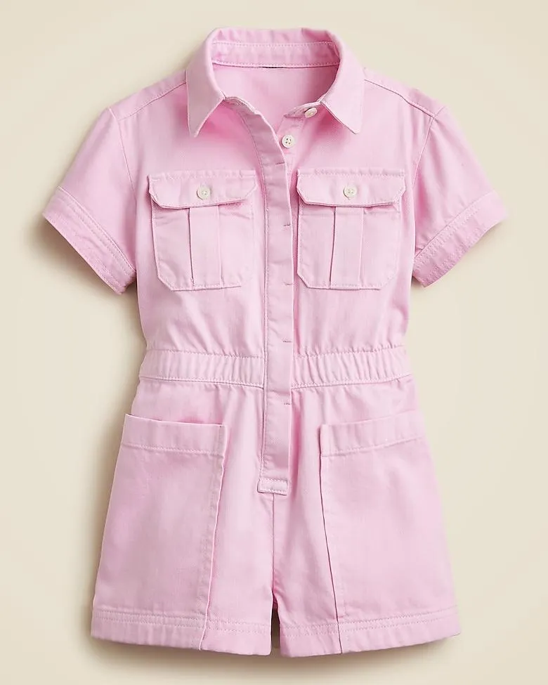 Girls' patch-pocket romper in drapey denim