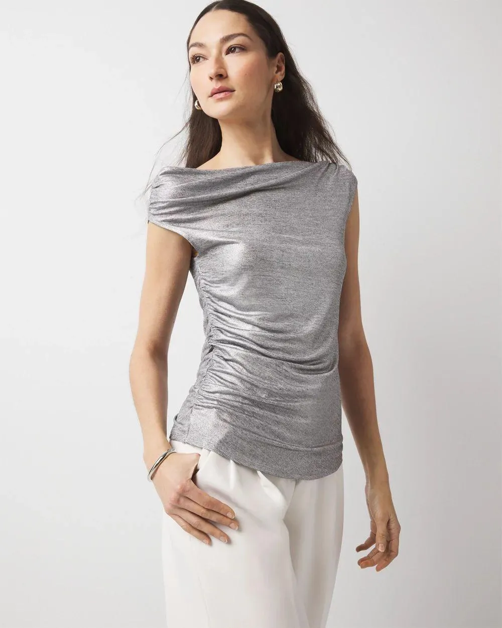 Metallic Off-The-Shoulder Shirred Top