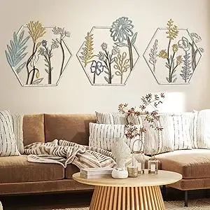 Peryiter 3 Pcs Metal Flower Wall Decor Minimalist Floral Wall Hanging Decor Meta Flower Art Floral Decor for Living Room Bathroom Kitchen Indoor Outdoor (Beige Gold)