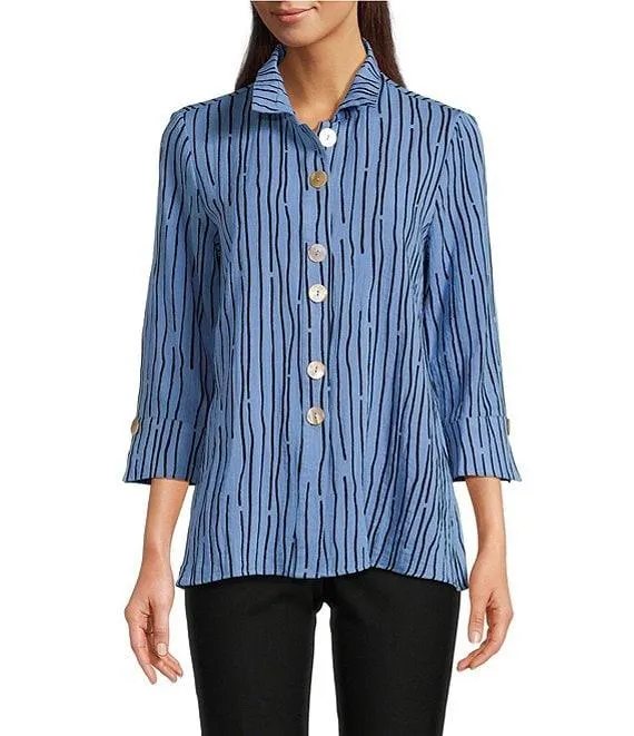 Crinkle Woven Abstract Stripe Wire Collar 3/4 Sleeve Button Front Tunic