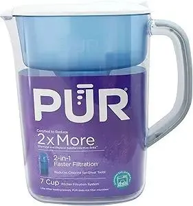 PUR 7-Cup Water Filter Pitcher, Cleaner, Great-Tasting Water, Dishwasher Safe, Powerful, Faster Filtration, LockFit Cap Design - White