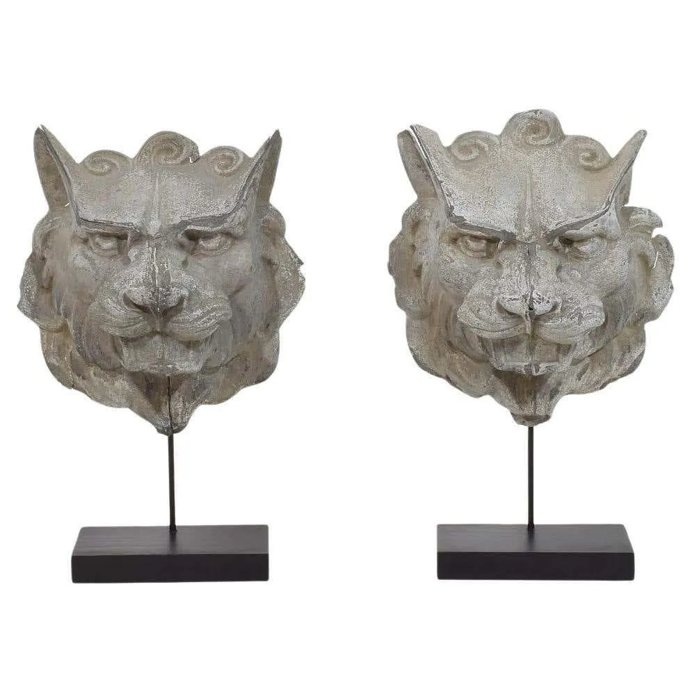 Pair 19th Century, French Zinc Mythical Lion- Wolf Head Fragments