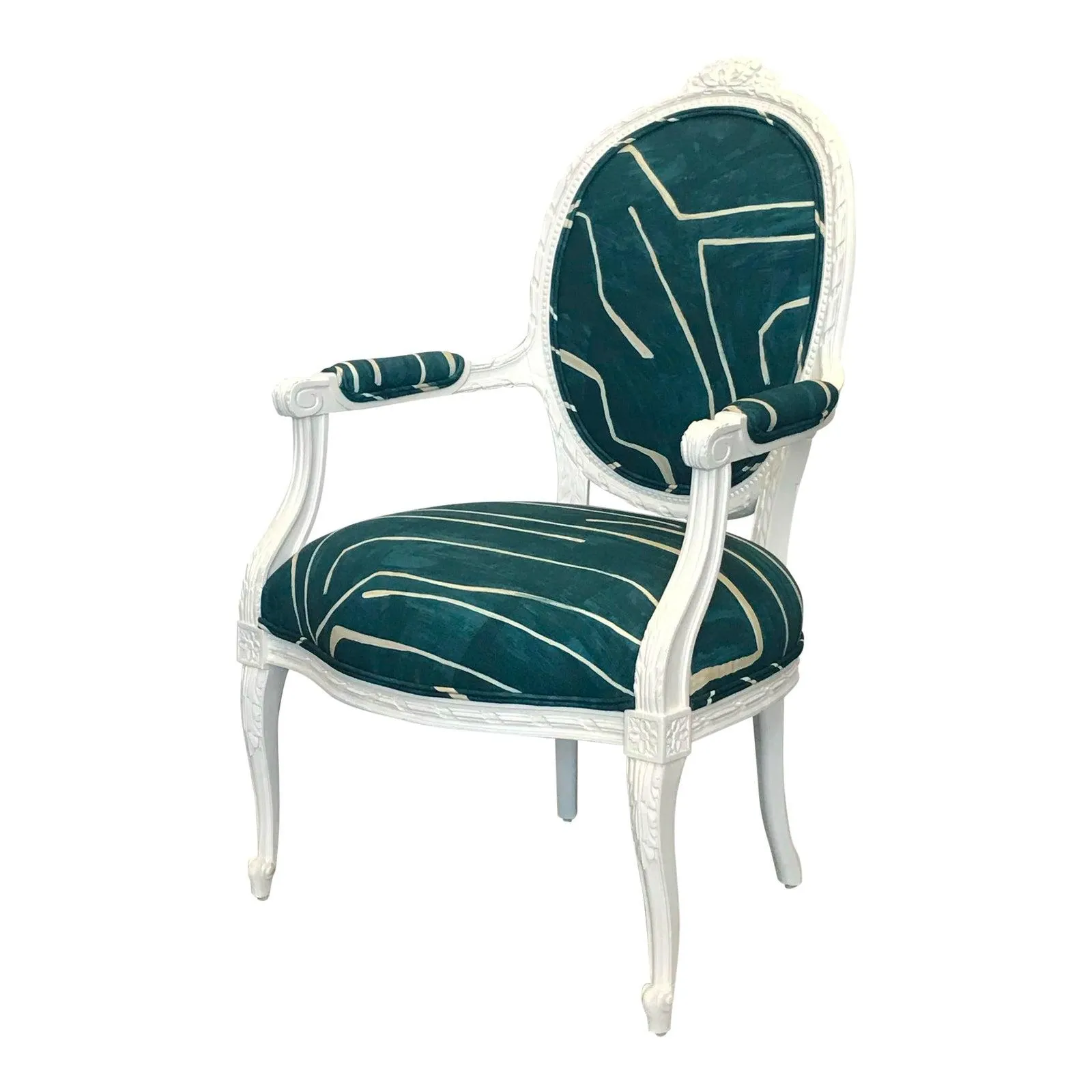 Italian White Wood Arm Chair in Teal Graffito