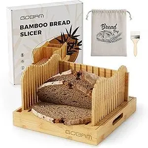 Gobam Adjustable Bamboo Bread Slicer for Large Sourdough & Homemade Bread, 10” Wide, 3 Thickness Settings, Crumb Catcher & Serving Tray, Foldable & Easy to Clean, Ideal Gift for Bakers & Bread Lovers