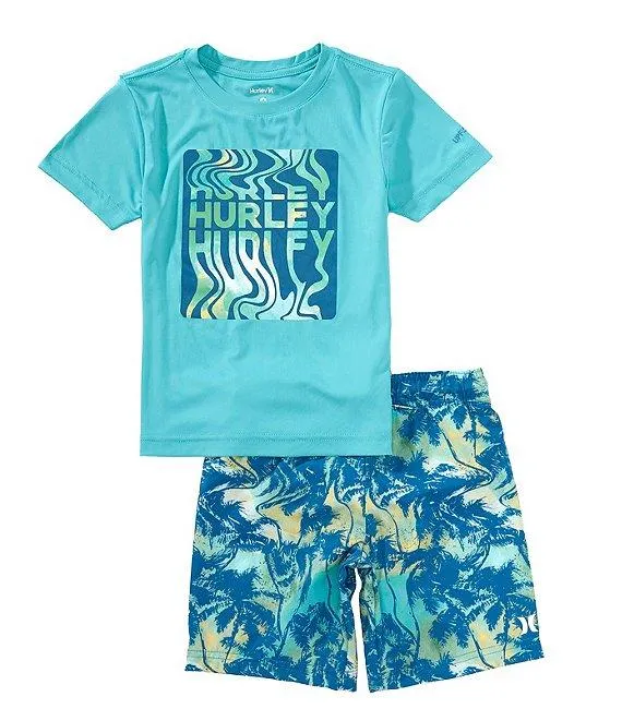 Little Boys Short Sleeve Palm Beach Graphic Swim T-Shirt & Swim Trunks 2-Piece Set