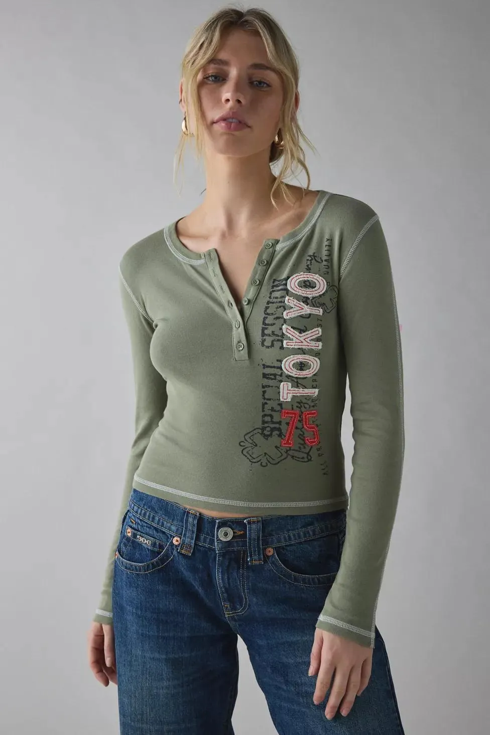 Tokyo Applique Graphic Long Sleeve Henley Tee