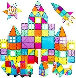 110PCS Magnetic Tiles with 2 Cars, STEM 3D Building Blocks for Kids Ages 3-8, Montessori Magnet Construction Toys for Preschool Classroom