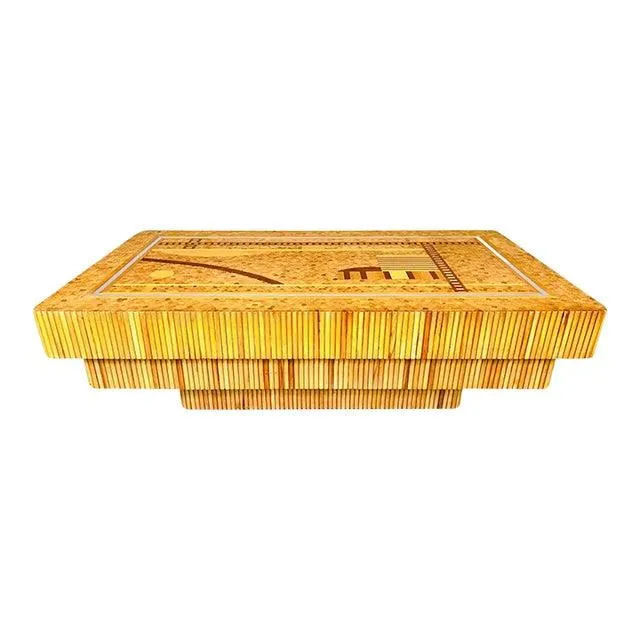 Patterned Marquetry Scenic Organic Doweled Teak Coffee or Cocktail Table