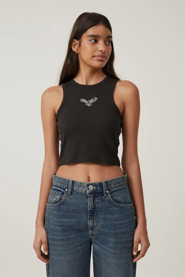 Crop Ribbed Graphic Racer Tank