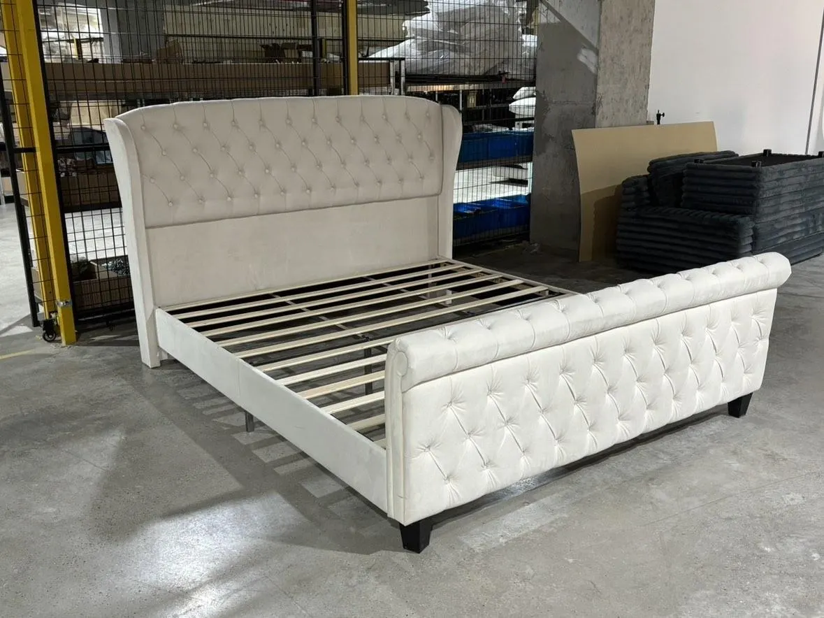 Dulane Chenille / Velvet Upholstered Sleigh Bed with Scroll Wingback Headboard