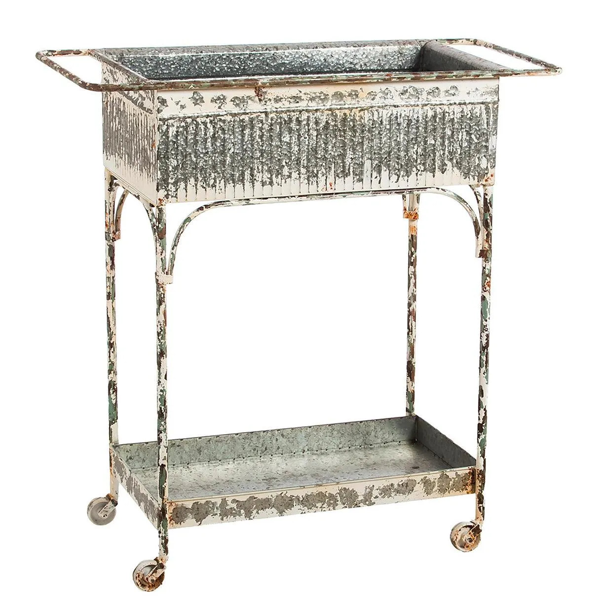 White Washed Galvanized Metal Two Tier Cart with Tub on the top