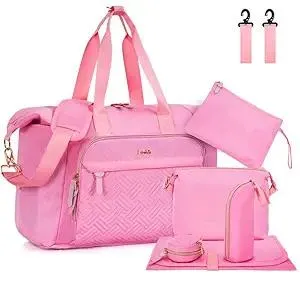 7pcs Diaper Bag Tote, Large Mommy Travel Diaper bags, Baby Diaper Tote Bag for Mom Hospital Baby, Pink
