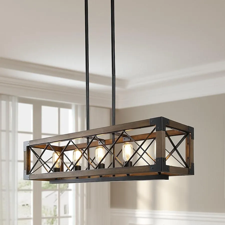 LNC Livia 5 -Light Nature Wood Brown and Matte Black large 31.5-in Farmhouse Linear Large Hanging Kitchen island light