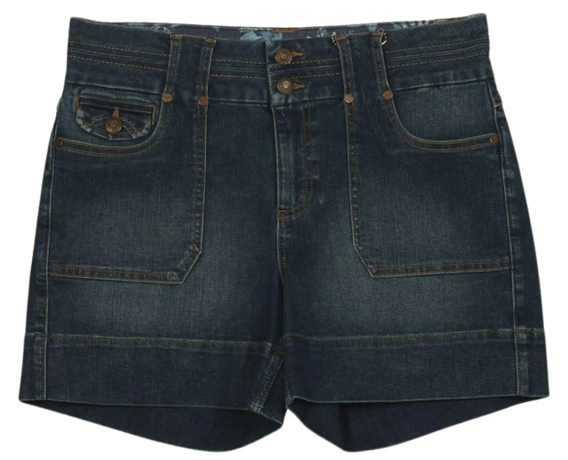 One 5 One Women's Medium Stonewash Double Button Shorts with Square Pockets & Paisley Waist Design