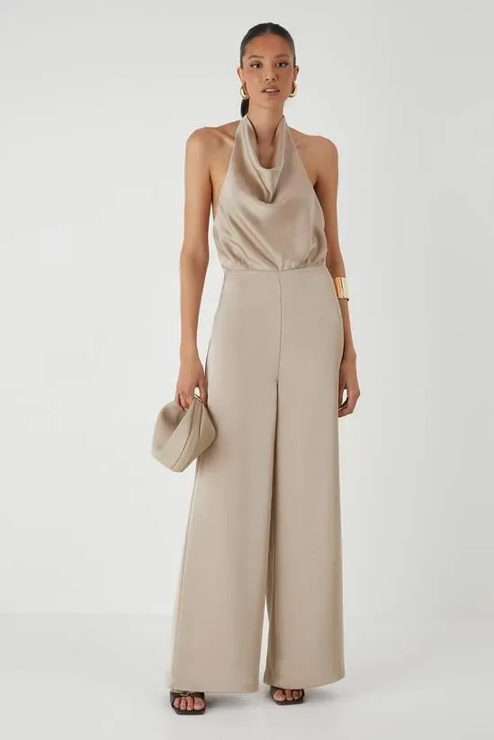 Satin Cowl Neck Wide Leg Jumpsuit