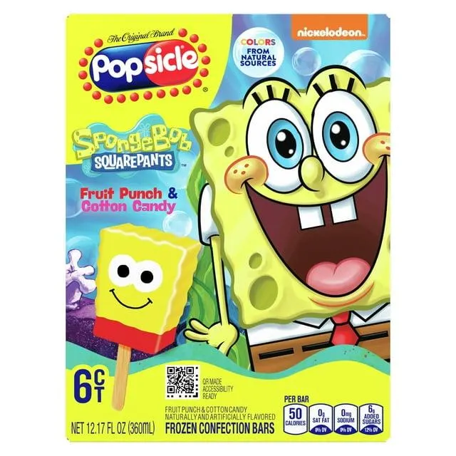Popsicle SpongeBob SquarePants Frozen Confection Bars Colors from Natural Sources, 6 Count Box