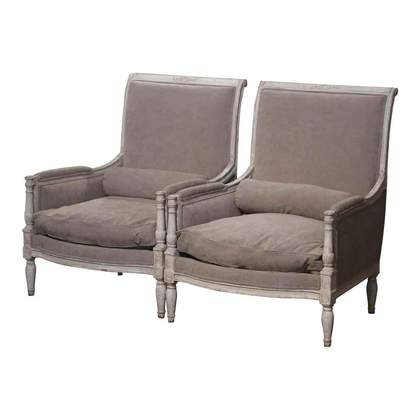 Pair of 19th Century French Restauration Carved Painted Upholstered Armchairs