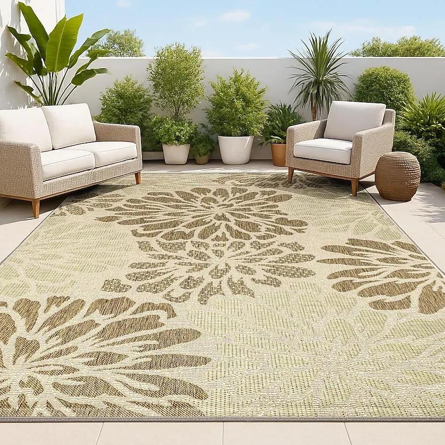 JONATHAN Y SANTA MONICA Zinnia Modern Floral Textured Weave 8 x 10 (ft) Loomed Sage/Brown Rectangular Indoor/Outdoor Floral/Botanical Bohemian/Eclectic Pet Friendly Area rug