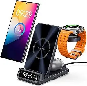 Wireless Charging Station for Samsung, 3 in 1 Wireless Charger for Samsung S25/S24/S23/Z Flip/Z Fold, for Galaxy Watch 8 Classic/8/Ultra/7/FE/6/5, SwanScout 708S (NO Adapter)