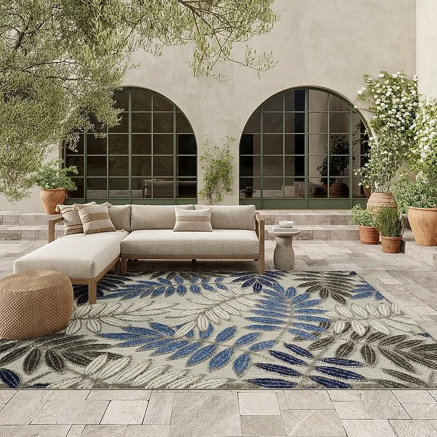 Nourison Aloha 8 x 10 (ft) Loomed Grey/blue Rectangular Indoor/Outdoor Abstract Tropical Area rug