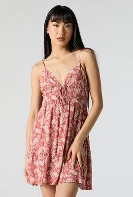 Paisley Print V-Neck Self Tie Mini Dress