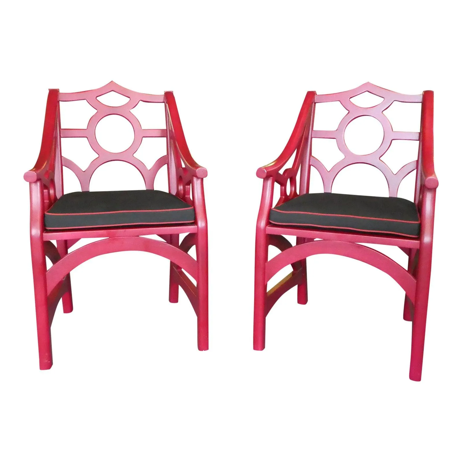 Grandinroad Red Chinese Chippendale Arm Chairs - a Pair