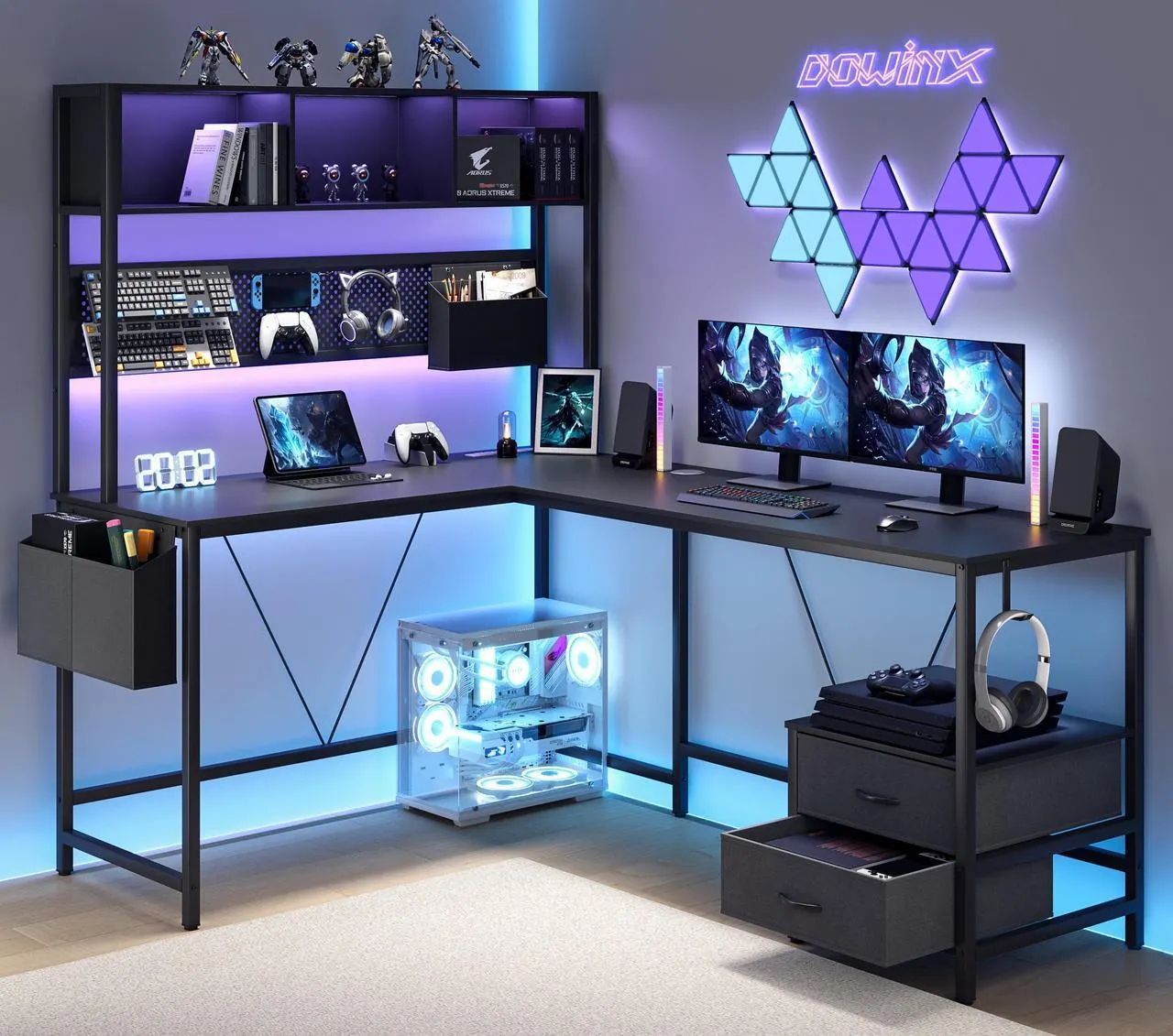 Dowinx L Shaped Gaming Desk with Led Light and Pegboard 94.5 Inch Computer Corner Desk or 2 Person Long Table with Shelves Monitor Stand and Filing Cabinet for Home Office Black with Drawer