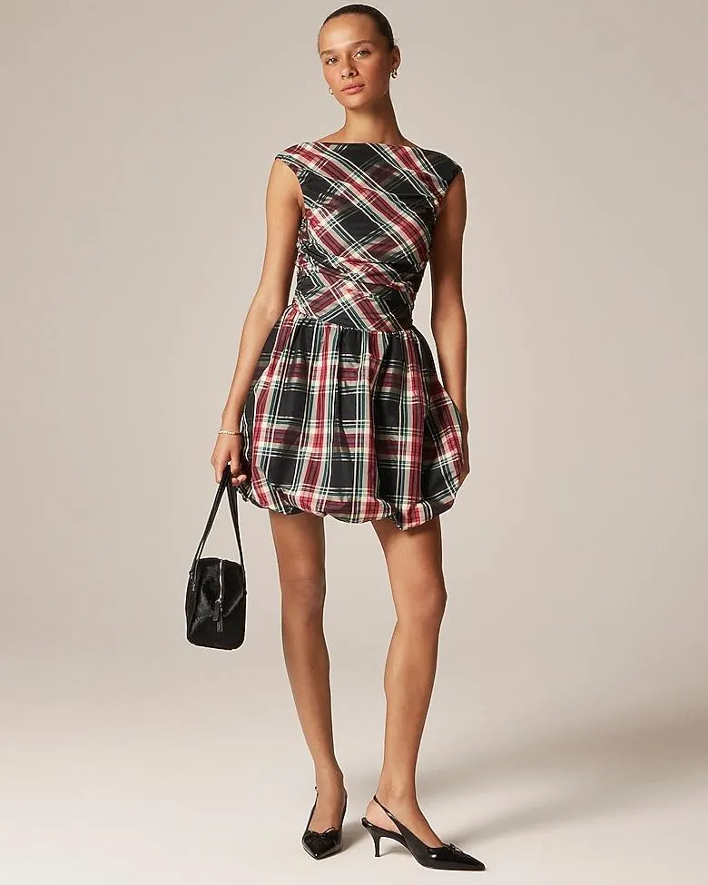 Ruched bubble-hem dress in Stewart tartan taffeta