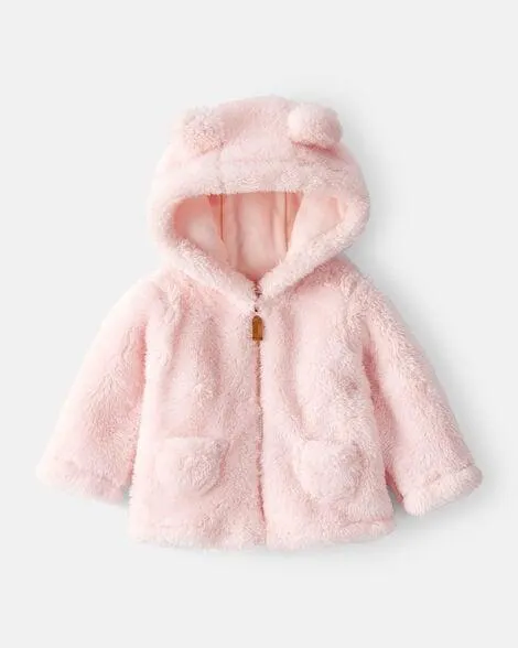 Baby Girl Sherpa Long-Sleeve Hooded Zip-Up Jacket - Pink