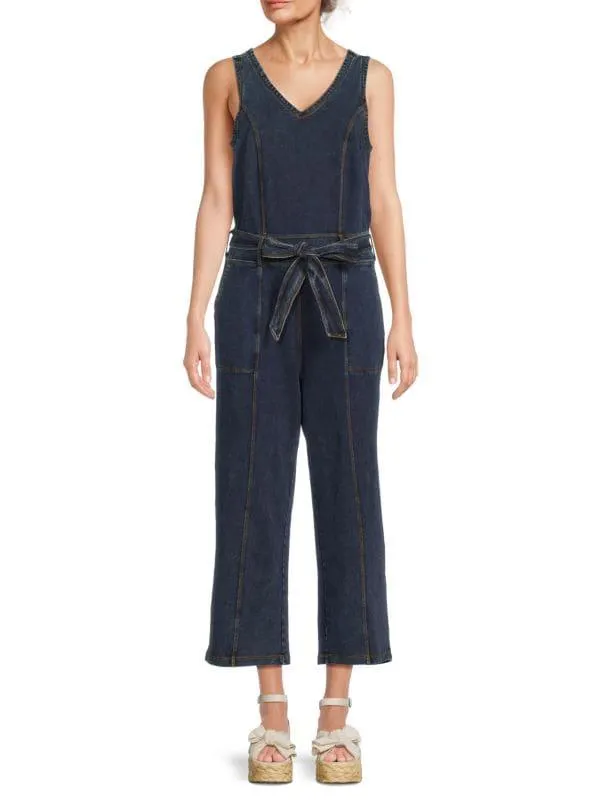 Belted Cropped Denim Jumpsuit
