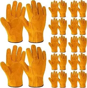 12 Pairs Leather Work Gloves Flexible Grip Gardening Construction Gloves Cowhide Thorn Proof Cut Resistant Fpr Men Women