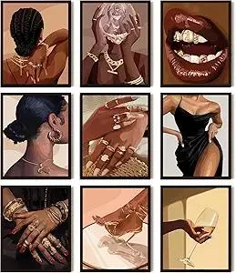 Black Girl Posters Wall Art Set of 9, Abstract African American Woman Canvas Wall Decor Painting, Trendy Boho Artwork Aesthetics Prints for Living Room Bedroom Home Decor 8x12In Unframed