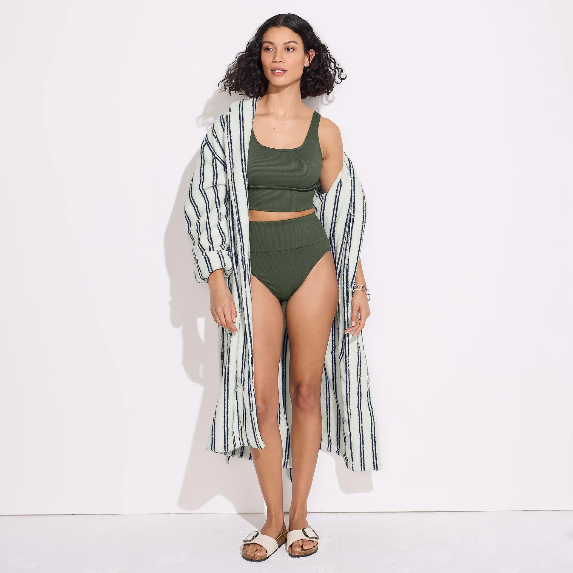 Women's Tugless Ribbed Midkini and High Waisted Bottom Swimsuit Set