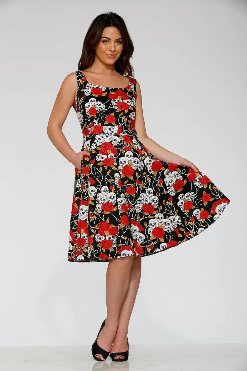 Black & Red Rose Skulls Swing Dress