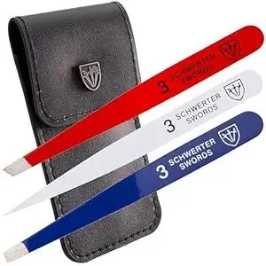 3 Swords Germany – brand quality professional stainless steel precision tweezer set “USA”, slanted, straight, pointed eyebrows hair, synthetic leather case, manicure pedicure by 3 Swords