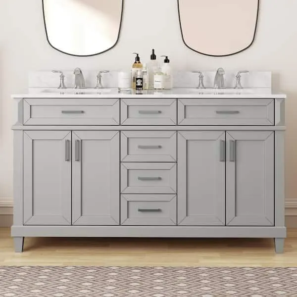 Talmore 60 in W x 22 in D x 35 in H Double Sink Bath Vanity in Sky Grey With White Engineered Carrara Marble Top