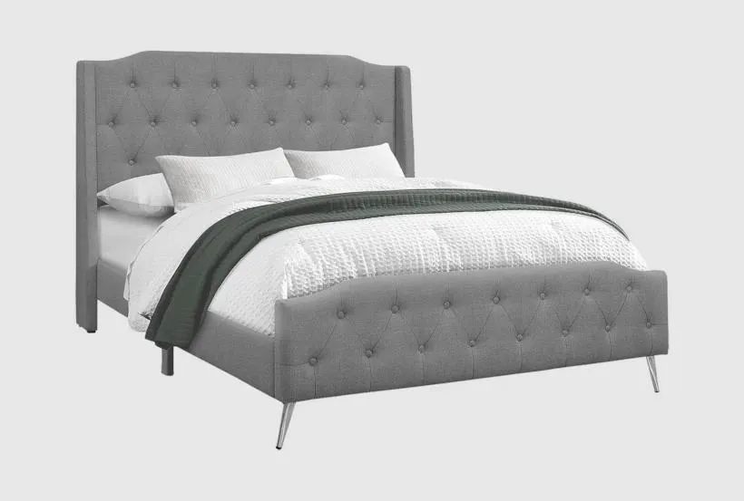 Claire Grey Queen Linen Upholstered Diamond Tufted Clipped Headboard Panel Shelter Bed | Wingback