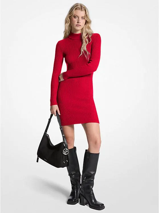 Ribbed Stretch Wool Mock Neck Dress