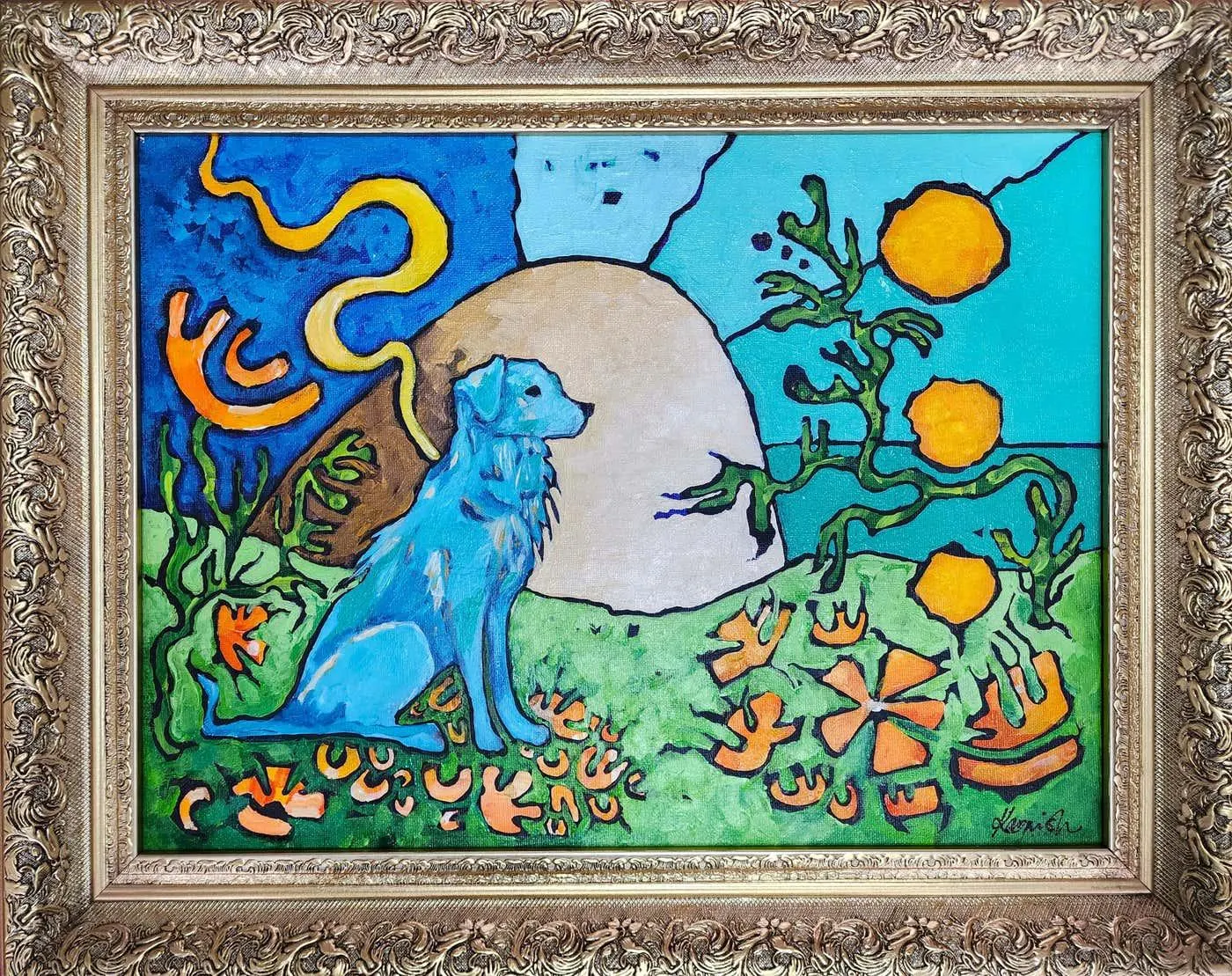 Karnish Art Painting Blue Dog Classic Gold Contemporary Nature Abstract Serenity Floral Calm 2025