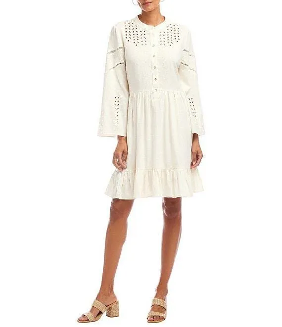 Linen Blend Flare Sleeve Embroidered Tiered Dress