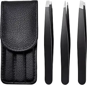 Eyebrow Tweezers Set,Stainless Steel Precision Remover Kit for Facial Hair, Inward Growing Hair and Splinter,Suitable for Women, Men (Black)