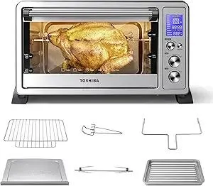 TOSHIBA AC25CEW-SS Large 6-Slice Convection Toaster Oven Countertop, 10-In-One with Toast, Pizza and Rotisserie, 1500W, Stainless Steel, Includes 6 Accessories