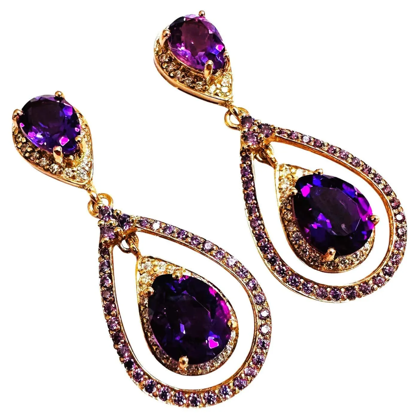 New 8.82 Carat Amethyst Pear & Diamond Cut Drop Rose Gold PL Sterling Earrings